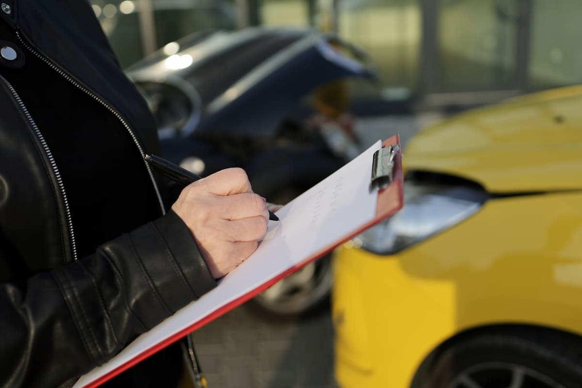 Liikluskindlustuse kahjukäsitlus - kahjuteate vormistamine paberkandjal, taustal kollane ja must auto