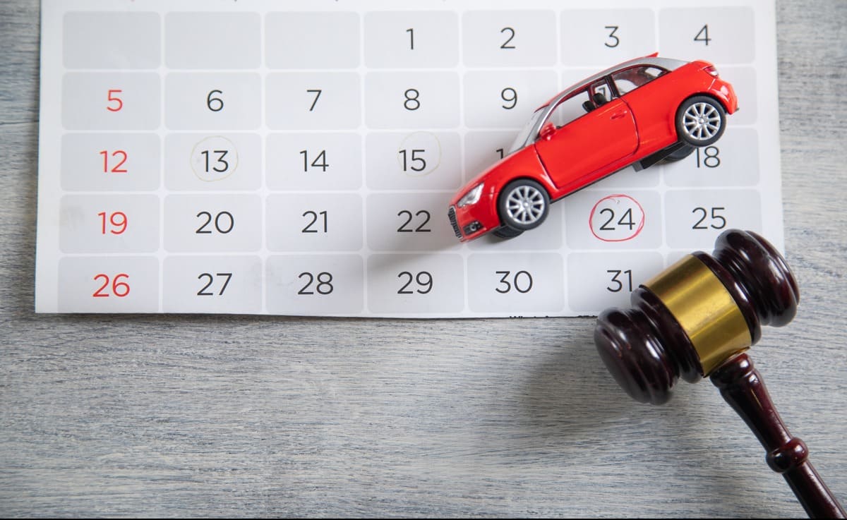 Liikluskindlustuse kindlustusperiood - kalendril on punane mudelauto ja kohtuniku haamer
