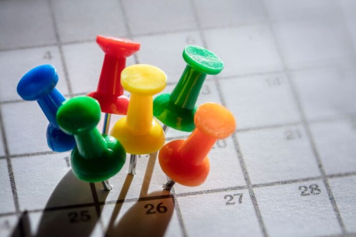 Liikluskindlustus üheks päevaks - värvilised nööpnõelad kalendris kõiik sama päeva peal